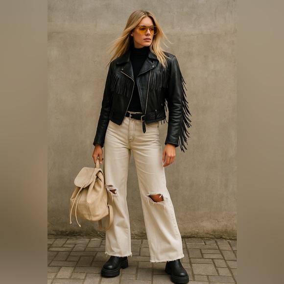 Stylish Black Leather Fringe Jacket Women’s– Western Biker Boho Rocker Style - Picture 4 of 12